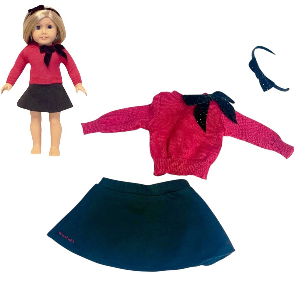 American Girl Sparkle Bow Red Sweater Black Skirt Headband Doll Valentine Outfit